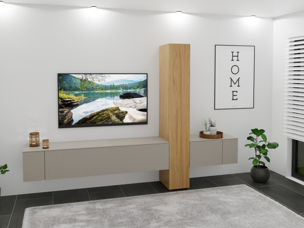 Sudbrock Cubo - Wohnwand | 3 Türen, 2 Klappen | B: 290,0 cm | Lack muschelgrau Stilvolles Wohnzimmer mit Wandregal, Naturbild an der Wand, Dekoration und Pflanzen
