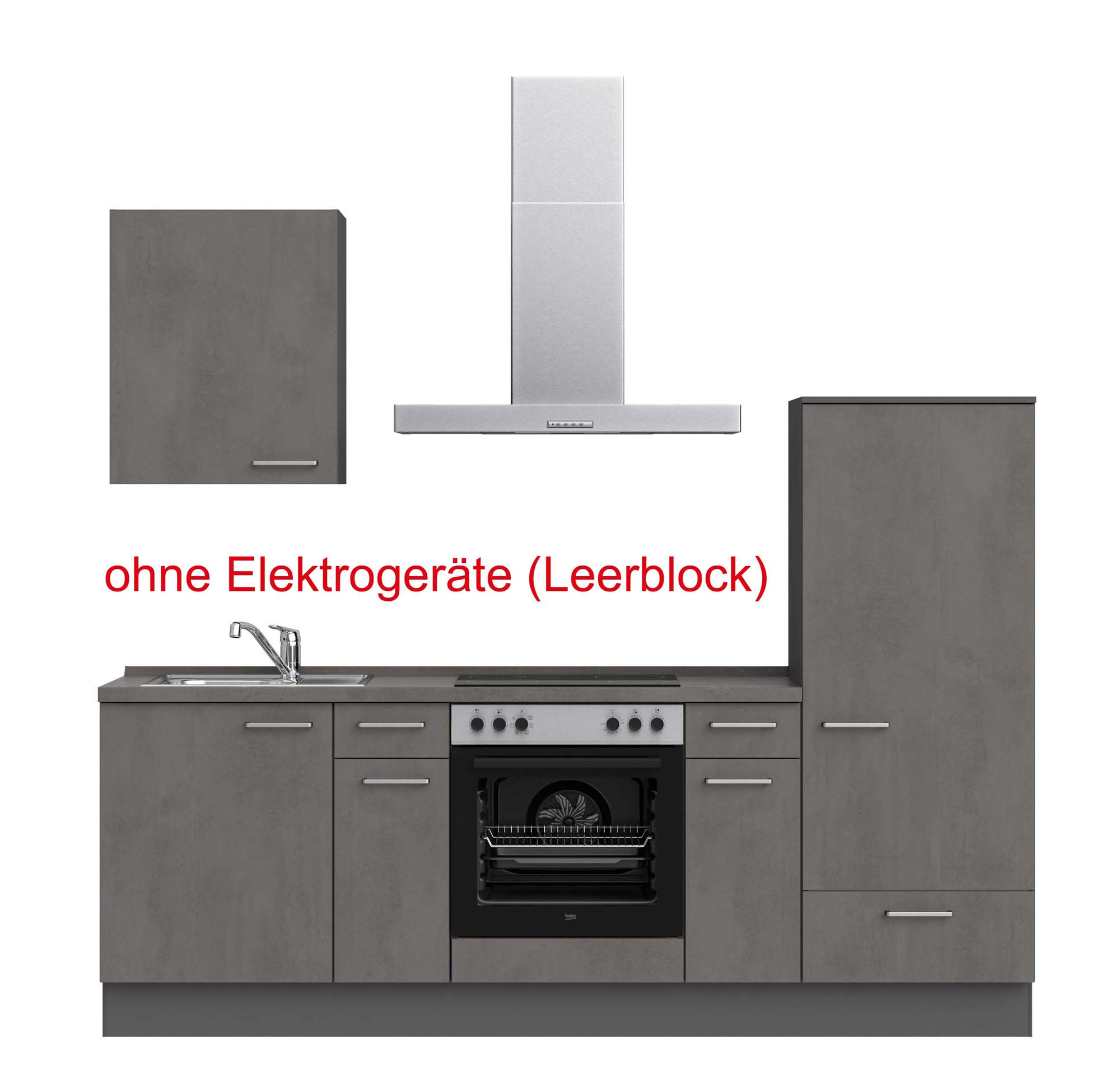 küchenzeile grau mit Backofen, Herd, Dunstabzugshaube, Waschbecken, Armatur mit Hinweistext ohne Elektrogeräte (Leerblock) nobilia riva