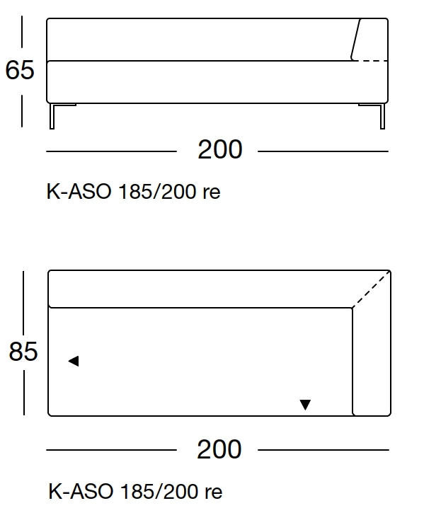 Maßzeichnung eines Sofaelements vor weißem Hintergrund freistil Rolf Benz 185