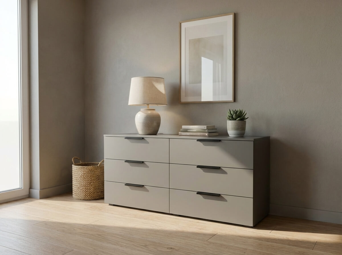 graue kommode mit sechs schubladen und schwarzen griffen stilvoll dekoriert in einem modernen raum