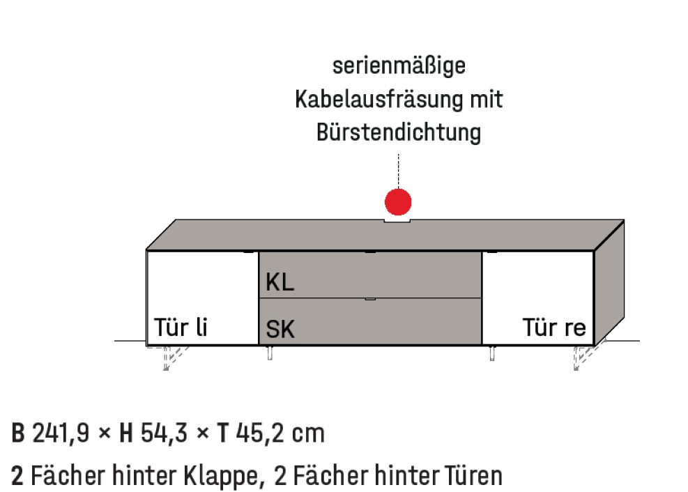Illustration eines Lowboards mit Bezeichnung vor weißem Hintergrund