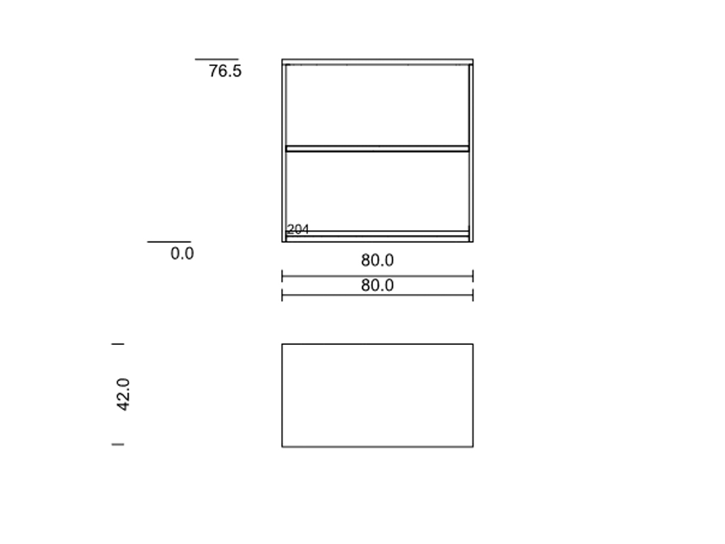 Technische Zeichnung eines Schranks mit den Maßen 80 cm Breite, 76,5 cm Höhe und 42 cm Tiefe
