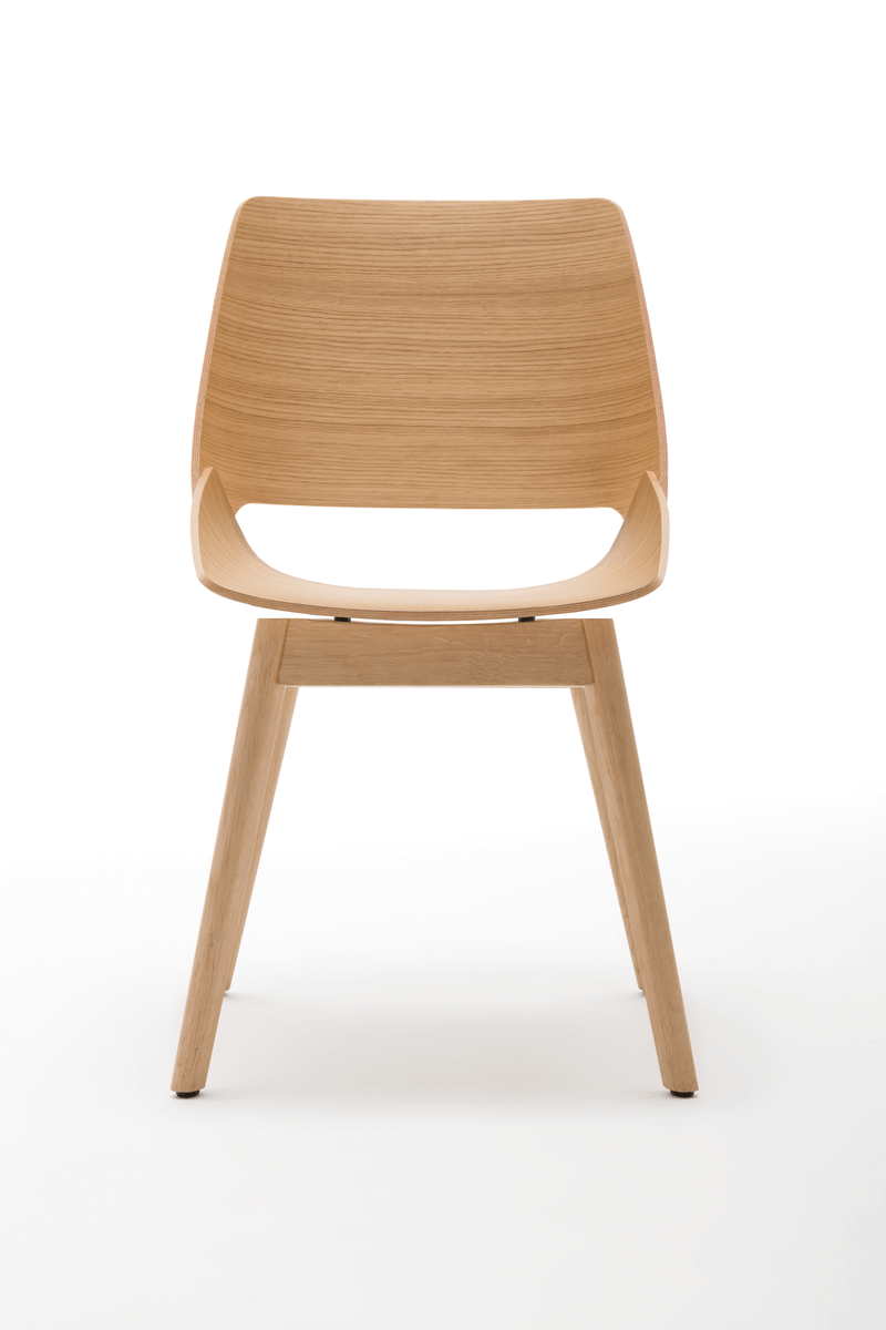 Vordere Ansicht eines modernen Holzstuhls mit gebogenem Sitz und hellen Holzbeinen