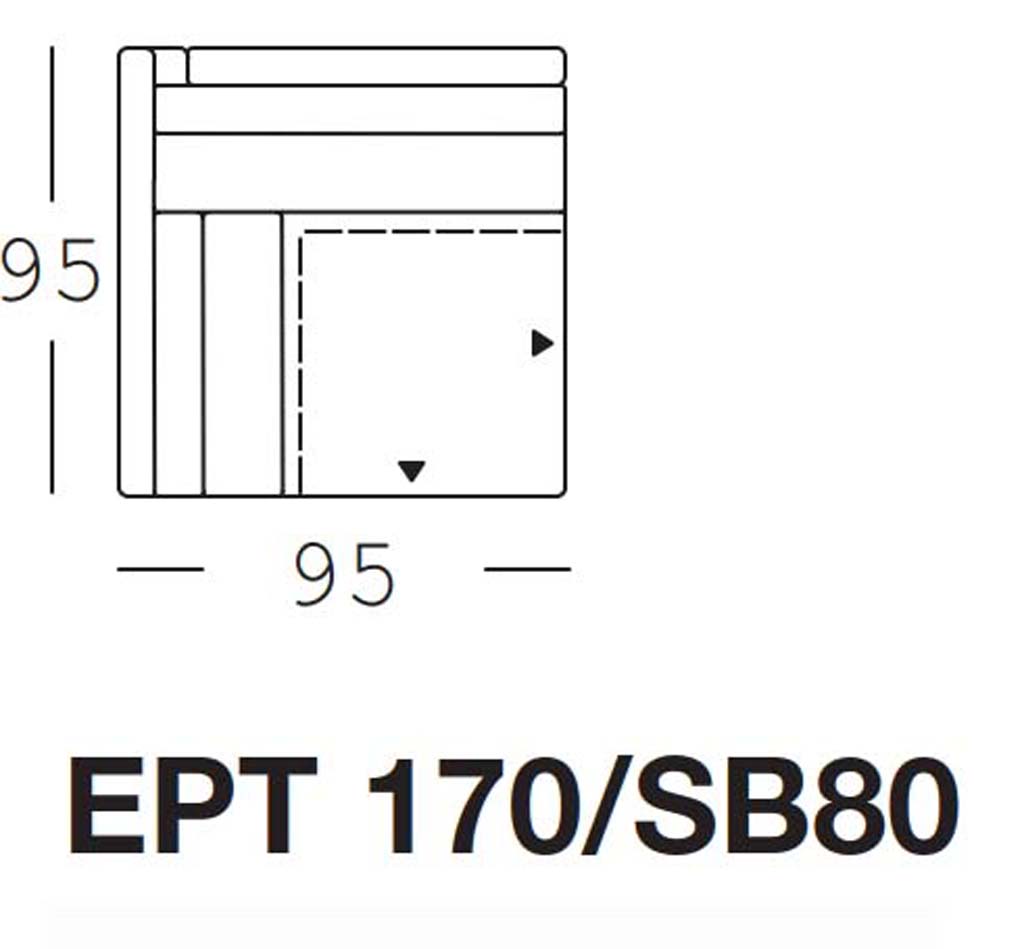 Maßzeichnung eines Sofaelements vor weißem Hintergrund freistil Rolf Benz 170