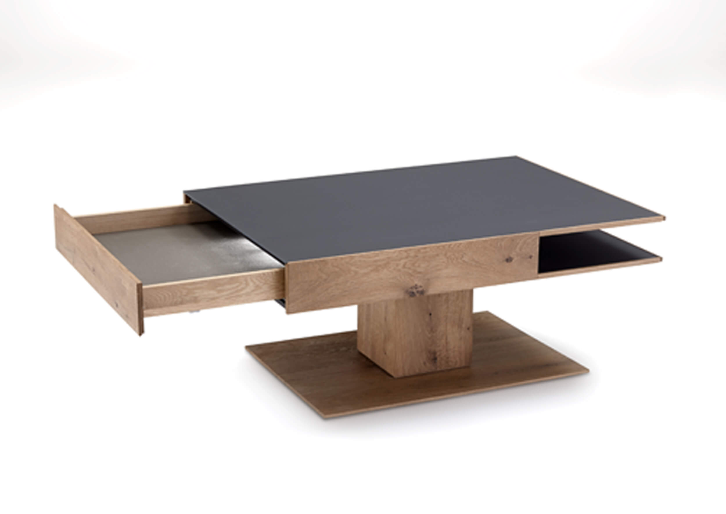 Couchtisch aus Massivholz mit grauer Tischplatte und einer geheimen, beleuchteten Schublade