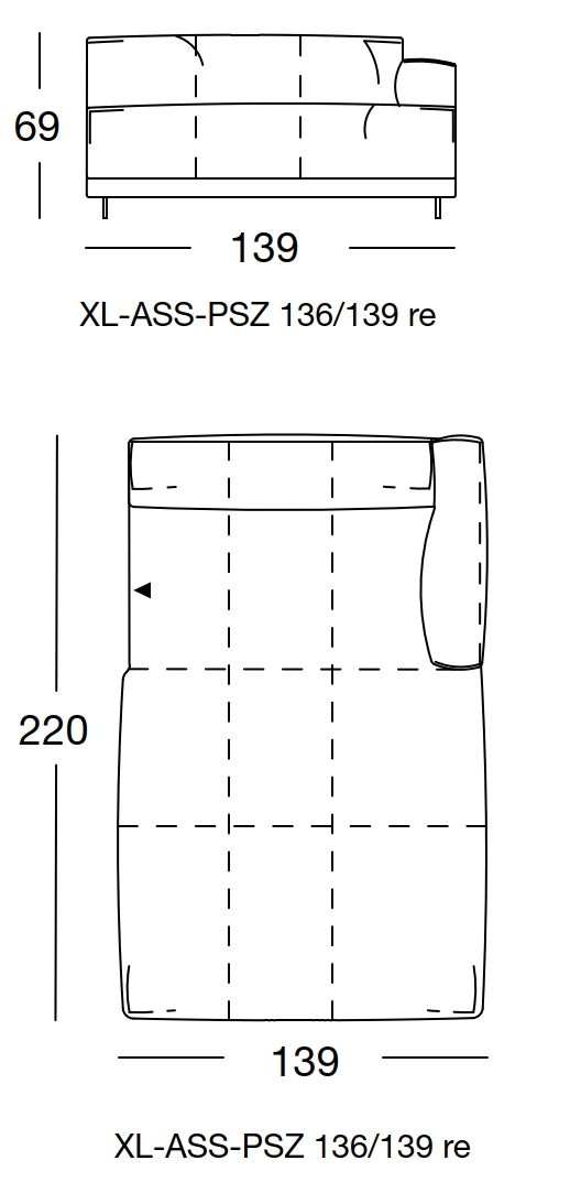 Maßzeichnung eines Sofaelements vor weißem Hintergrund freistil Rolf Benz 136