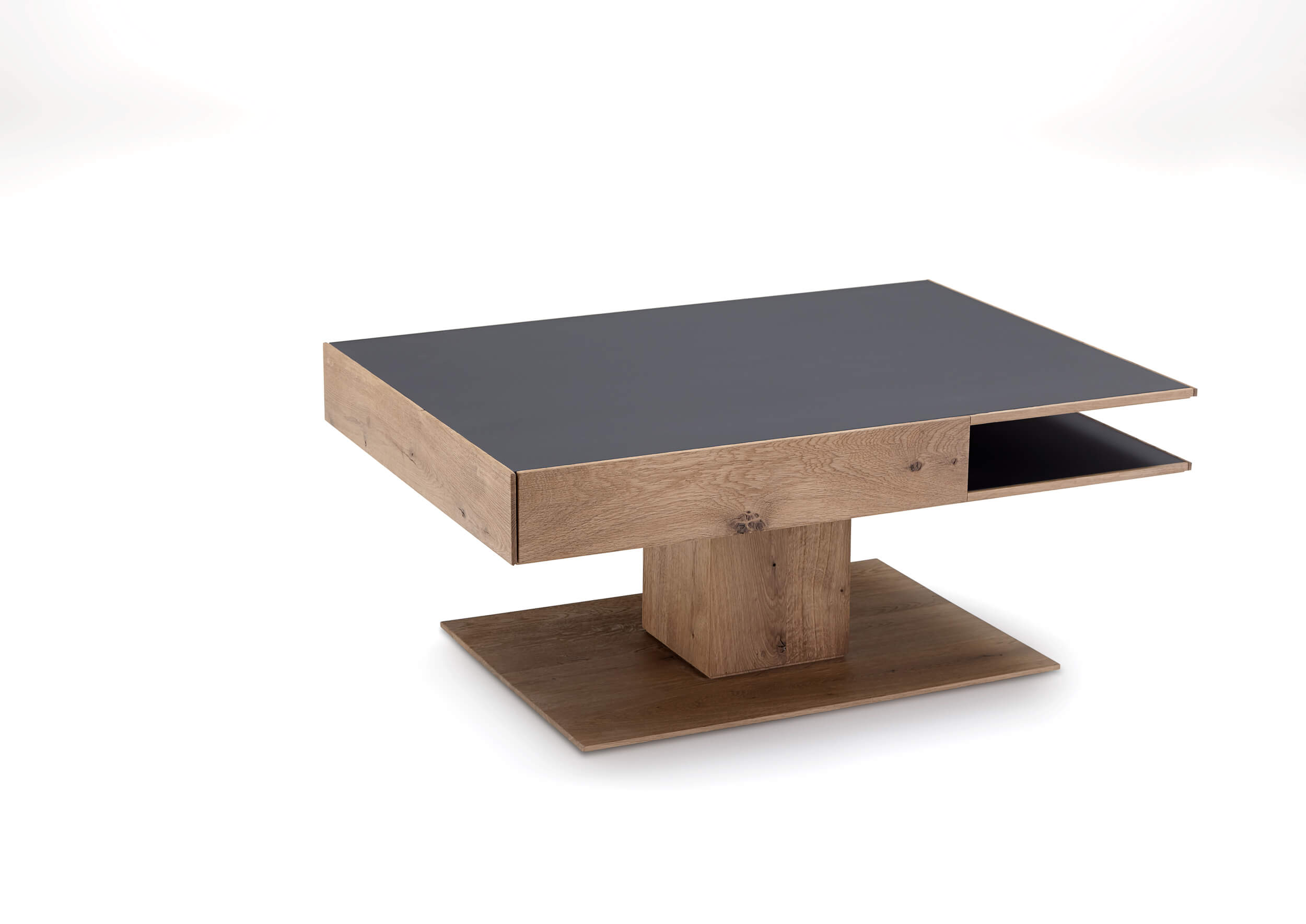 hartmann Caya - Couchtisch 0446 | Kerneiche Umato | Mattglastischplatte anthrazit | B: 105 cm Massivholz Couchtisch mit grauer Tischplatte und offenem Seitenfach
