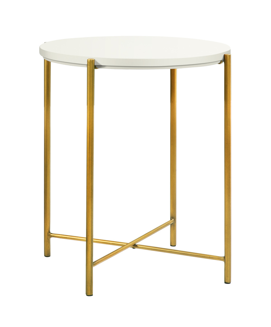 Kleiner weißer beistelltisch mit runder platte auf einem vierfüßigen metallgestell in bronze vor weißem hintergrund nali von hasena