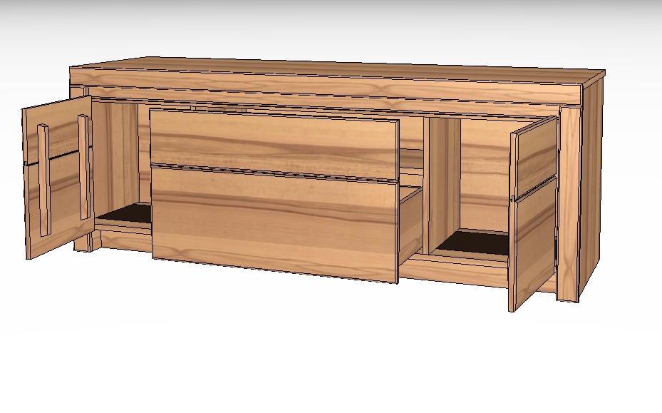 braunes Lowboard mit zwei Türen und zwei Schubladen vor weißem Hintergrund