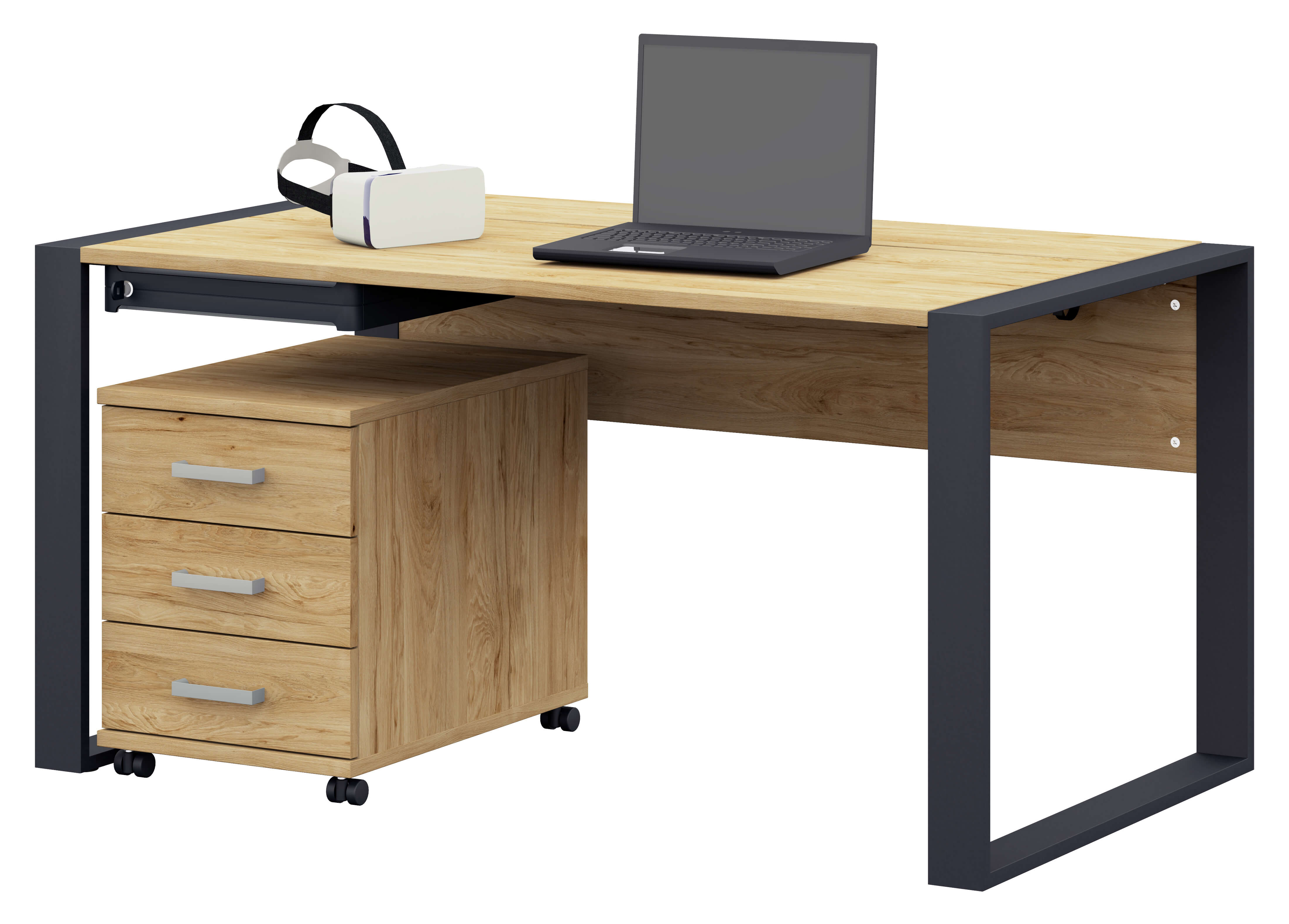 Röhr Bush. clip - Schreibtisch mit Rollcontainer | Hickory (Nachbildung) Holzoptik | Gestell anthrazit Ein moderner Schreibtisch aus Holz mit einer Schubladeneinheit, einem Laptop und einem VR-Headset auf der Oberfläche.