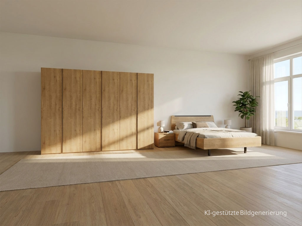 Modernes braunes Schlafzimmer mit einem sechstürigen Kleiderschrank, Doppelbett und zwei Konsolen stilvoll dekoriert in einem modernen Zimmer generiert, Bild KI-generiert