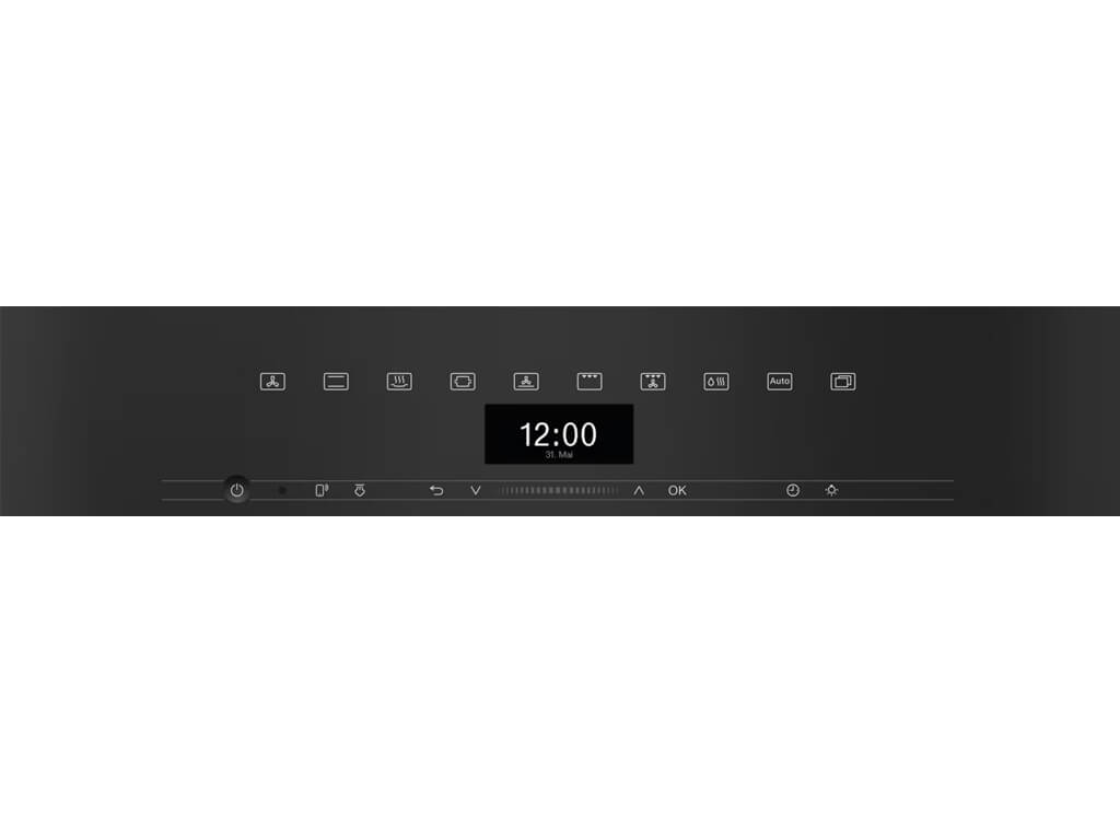 Eine Nahaufnahme des schwarzen Bedienfelds eines Miele Einbau-Backofens. Das zentrale digitale Display zeigt die Uhrzeit „12:00“ an.