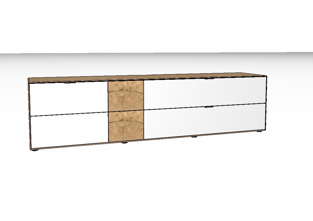 weiß braunes Lowboard mit Holzakzent vor weißem Hintergrund