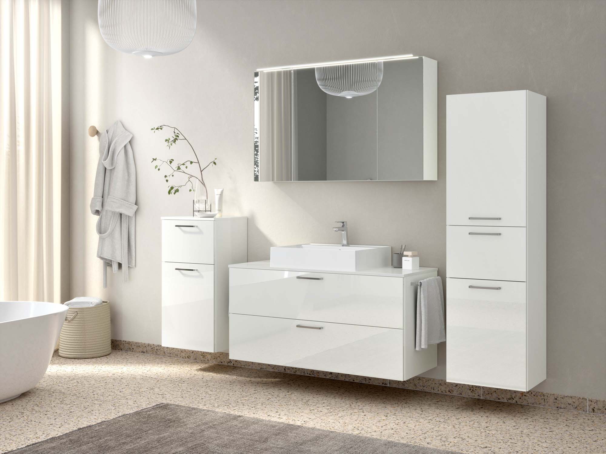 Badezimmermöbel-Set 3 Schränke weiß mit Waschtisch und Spiegelschrank nobilia 
