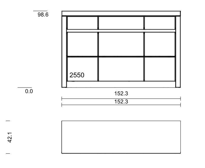 Technische Zeichnung eines Regals mit den Maßen 98.6 cm Höhe, 152.3 cm Breite und 42.1 cm Tiefe, sowie einer Kennzahl 2550 in der Mitte.