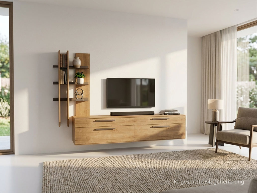 Moderne braune Wohnwand mit markantem Griff stilvoll dekoriert in einem modernen Zimmer, Bild KI generiert