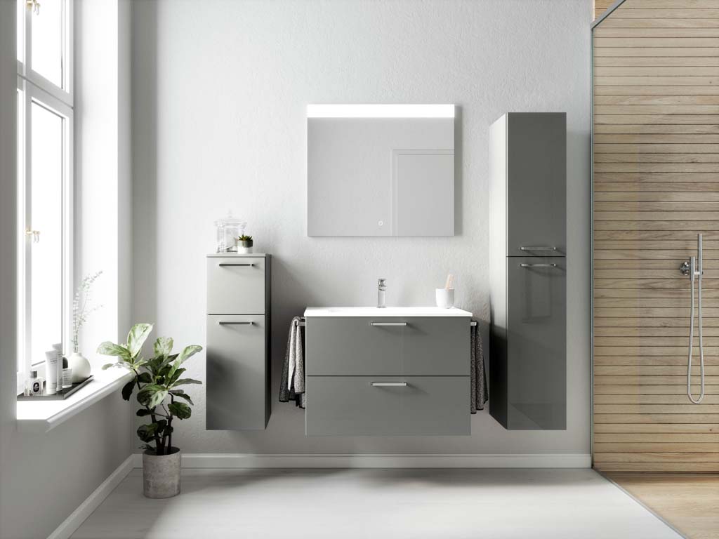 Badezimmermöbel-Set 3 Schränke grau mit Waschtisch und Spiegel nobilia 