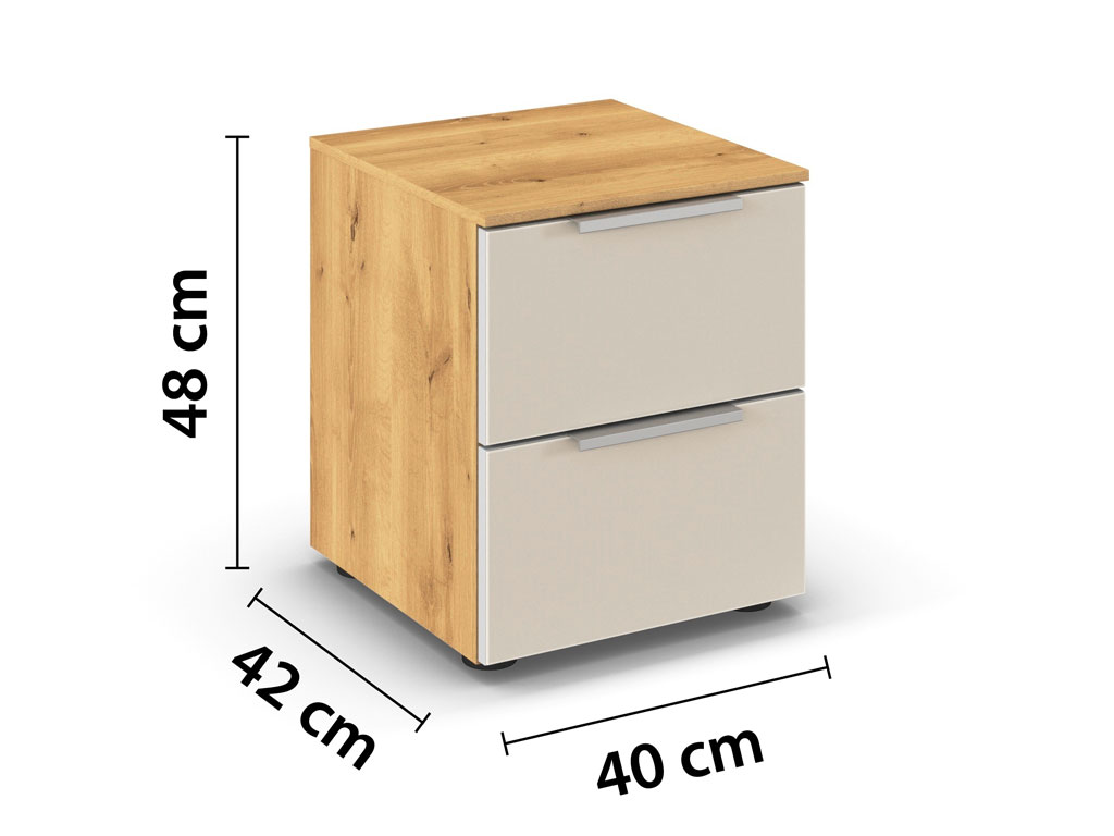 moderner nachttisch mit Maßangaben mit braunem holzkorpus zwei schubkästen in grau mit alugriffen vor weißem hintergrund