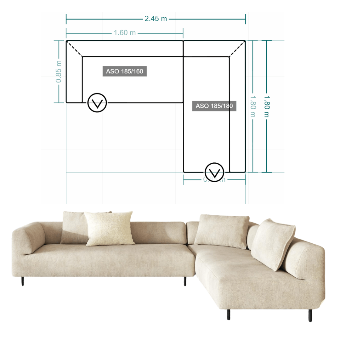 Beige Eckcouch mit grauen Kissen und Maßzeichnung