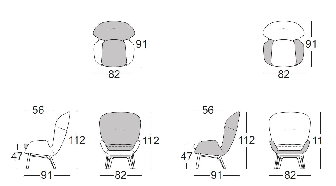 Maßzeichnung eines Stuhls aus verschiedenen Perspektiven mit Höhen- und Breitenangaben in Zentimetern.