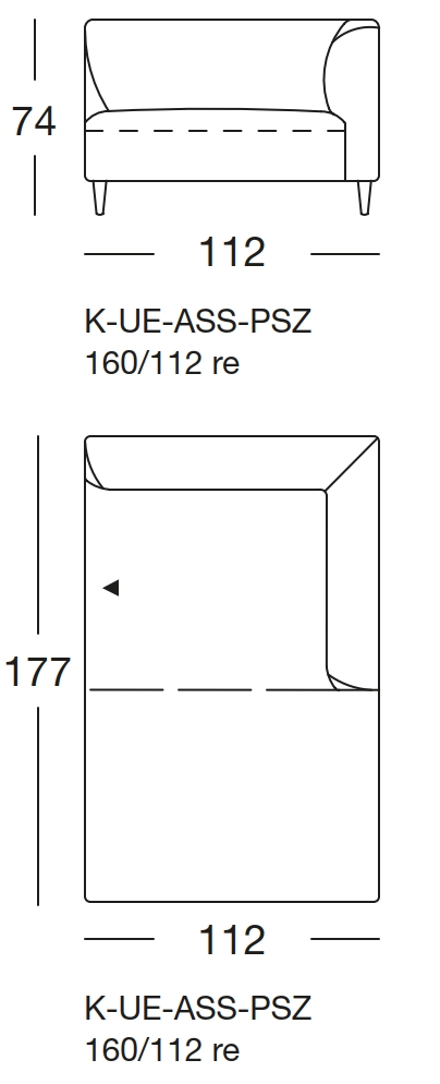Maßzeichnung eines Sofaelements vor weißem Hintergrund freistil Rolf Benz 160