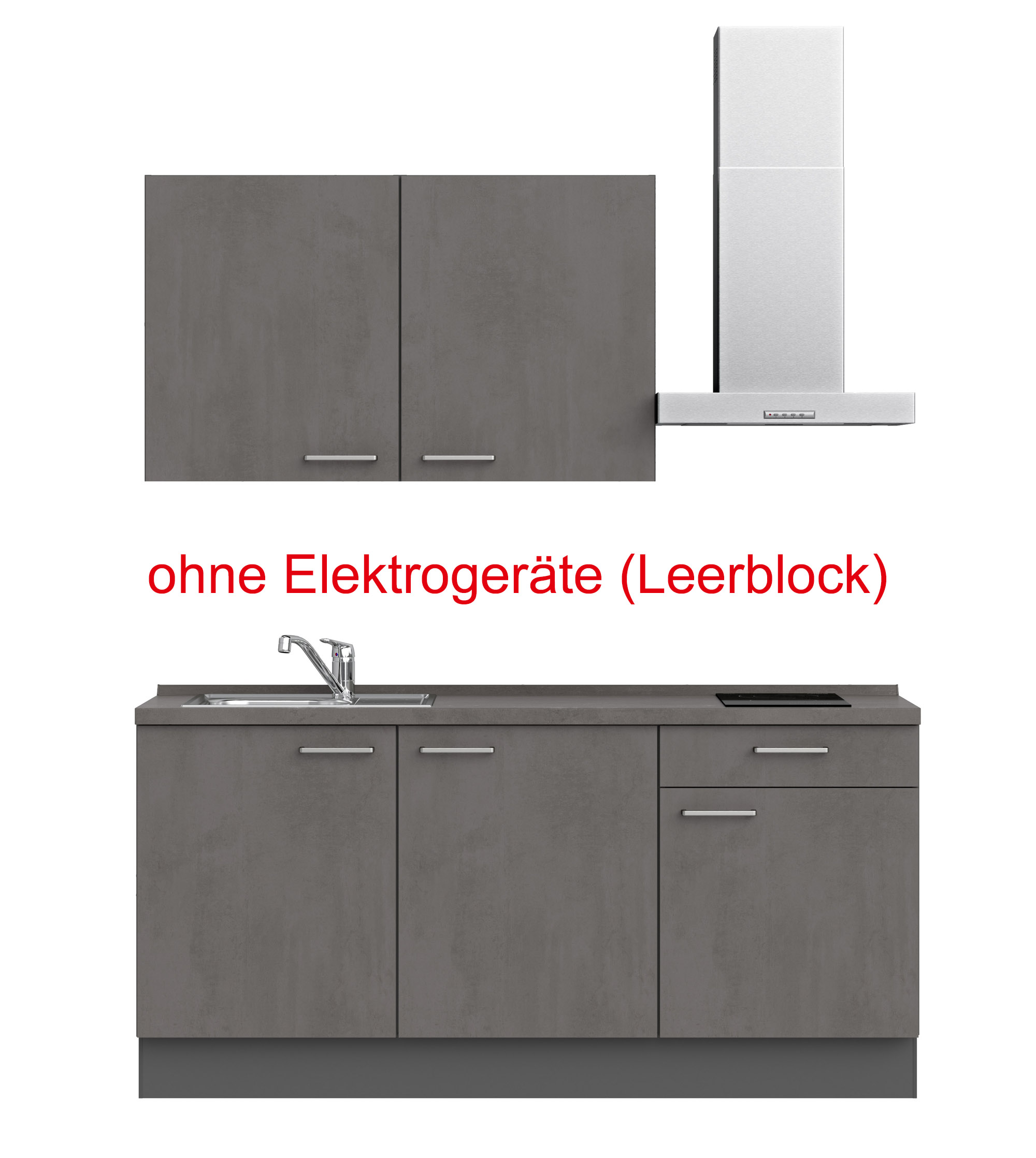 küchenzeile grau mit Herd, Dunstabzugshaube, Waschbecken, Armatur mit Hinweistext ohne Elektrogeräte (Leerblock) nobilia riva