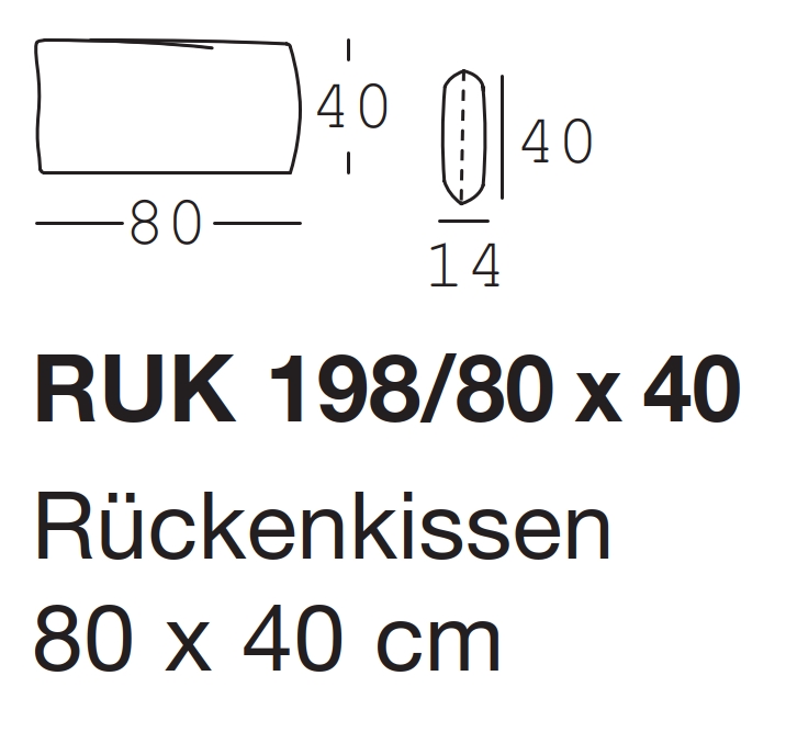 Diagramm des Rückenkissens RUK 198/80 x 40 mit Abmessungen 80 x 40 cm