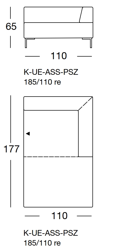 Maßzeichnung eines Sofaelements vor weißem Hintergrund freistil Rolf Benz 185