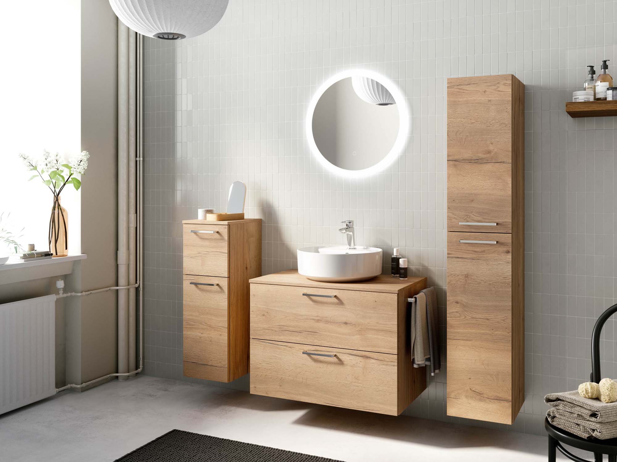  Badezimmermöbel-Set 3 Schränke braun mit Waschtisch und Spiegel nobilia 