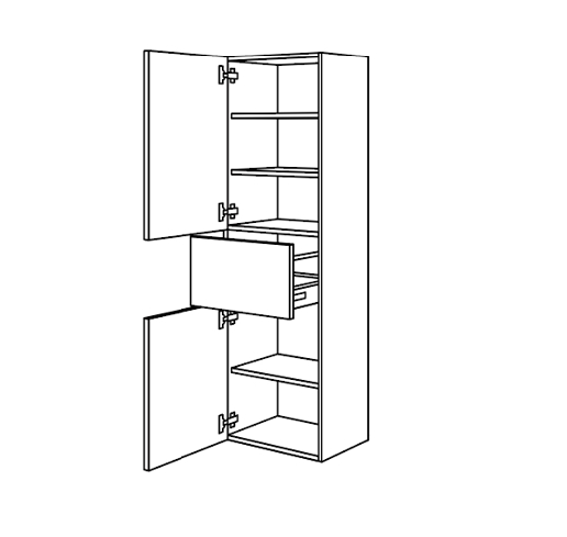 Skizze eines modernen Highboard-Schranks mit geöffneter Tür und einer ausgezogenen Schublade