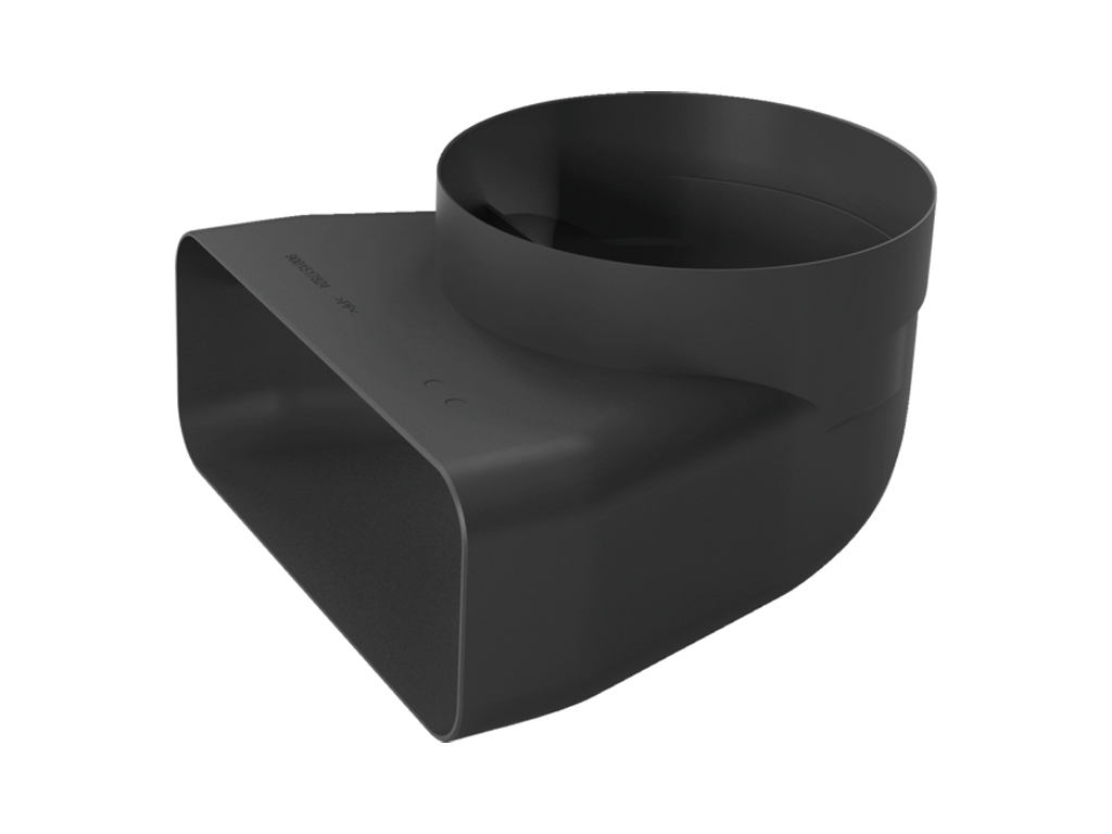 Schwarzes Kunststoff-Luftkanalstück mit quadratischem Ausgang und rundem Anschluss.