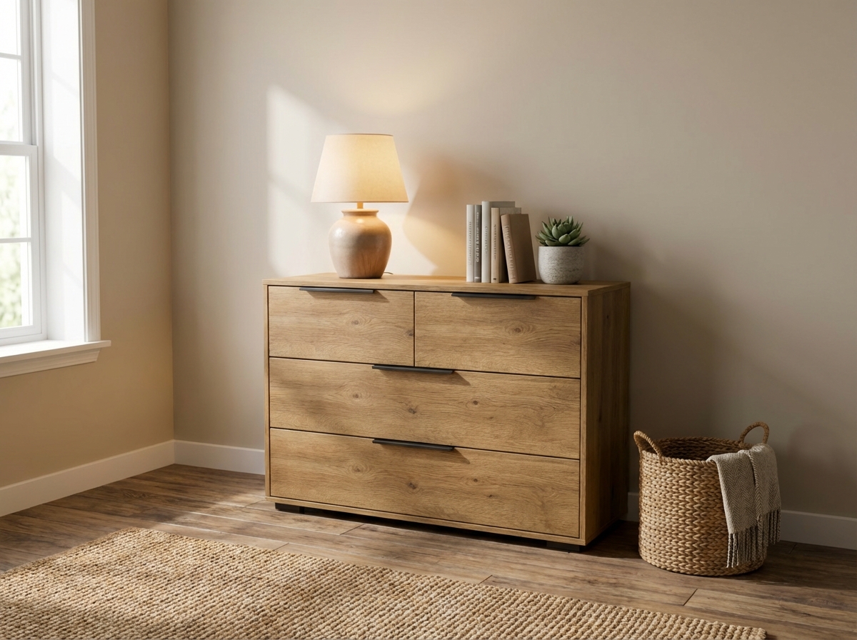 braune Holzkommode mit vier Schubladen stilvoll dekoriert in einem modernen Zimmer