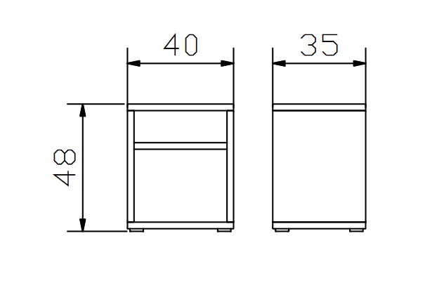 Technische Maßzeichnung des Nachttischs mit Front- und Seitenansicht sowie den Maßen 40 x 35 x 48 cm