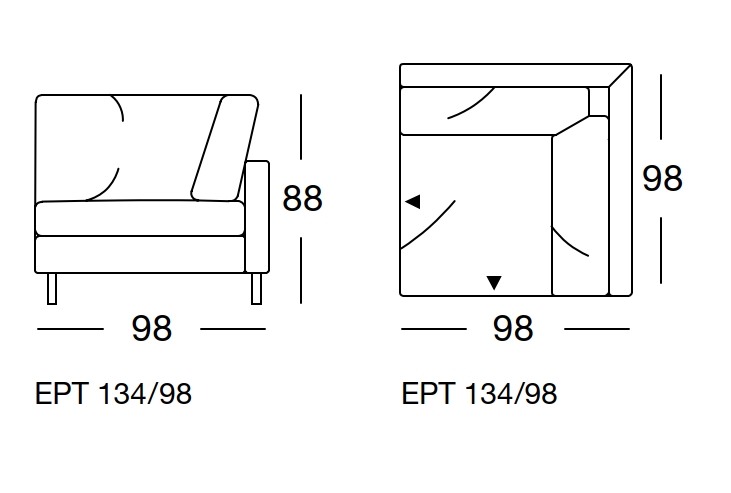 Maßzeichnung eines Sofaelement vor weißem Hintergrund freistil Rolf Benz 134 