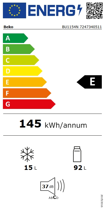 Energielabel des Beko Kühlschranks BU1154N mit Energieeffizienzklasse E, jährlichem Energieverbrauch von 145 kWh, Nutzinhalt von 15 L Gefrierfach und 92 L Kühlfach, und einer Lautstärke von 37 dB.