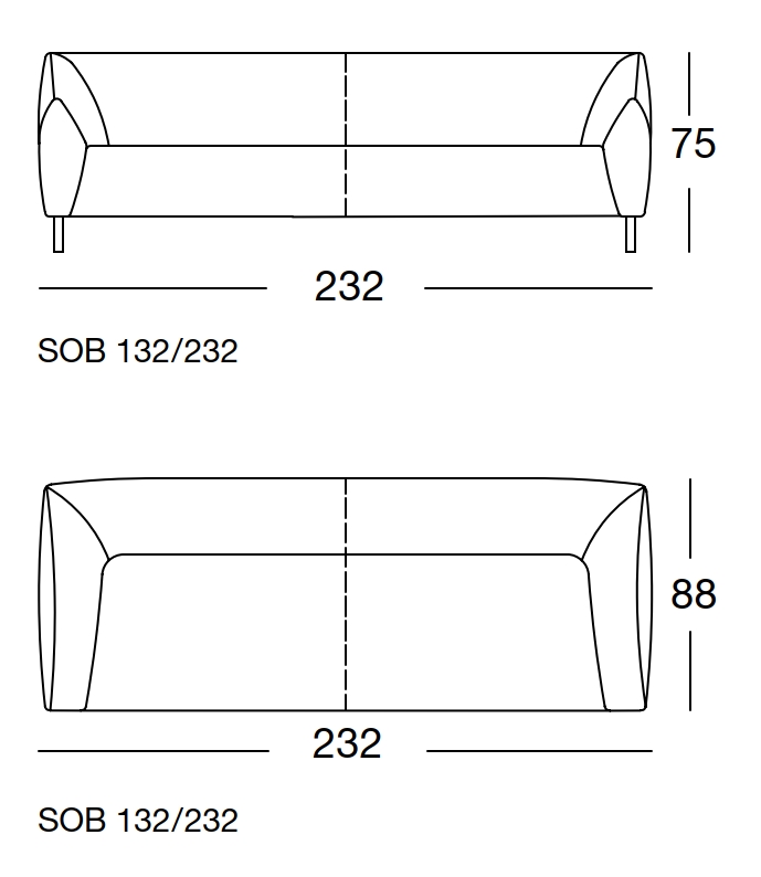 Maßzeichnung eines Sofaelements vor weißem Hintergrund freistil Rolf Benz 132
