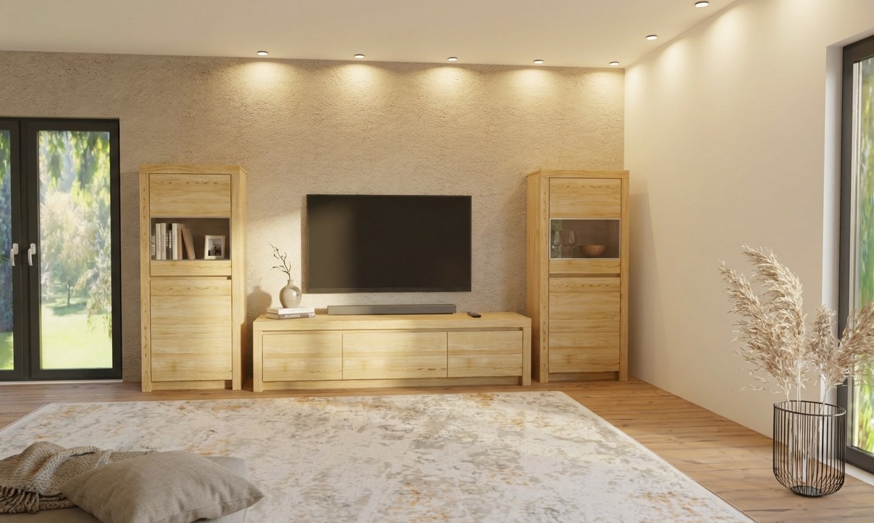 Braune Wohnwand mit zwei hohen Schränken und einem Lowboard stilvoll dekoriert in einem modernen Raum