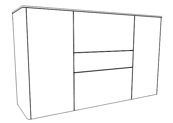 Skizze einer modernen weißen Kommode mit zwei Schubladen und Seitentüren
