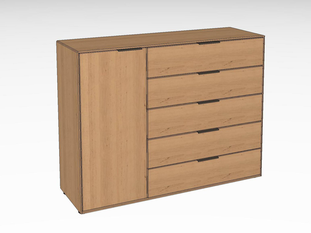 Wöstmann WSM 4400 - Kommode (3133), 5 Schubkästen, 1 Tür | Erle massiv | B: 136,2 cm | konfigurierbar Ein moderner Holzschrank mit vier Schubladen und einer Tür in hellem Holzton, geeignet für die Aufbewahrung im Wohn- oder Schlafzimmer.