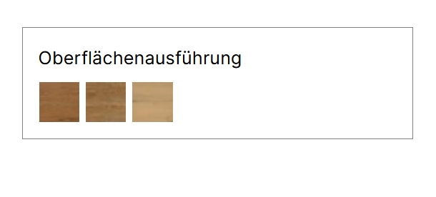 drei Holzfarbausführungen in einer Tabellenübersicht