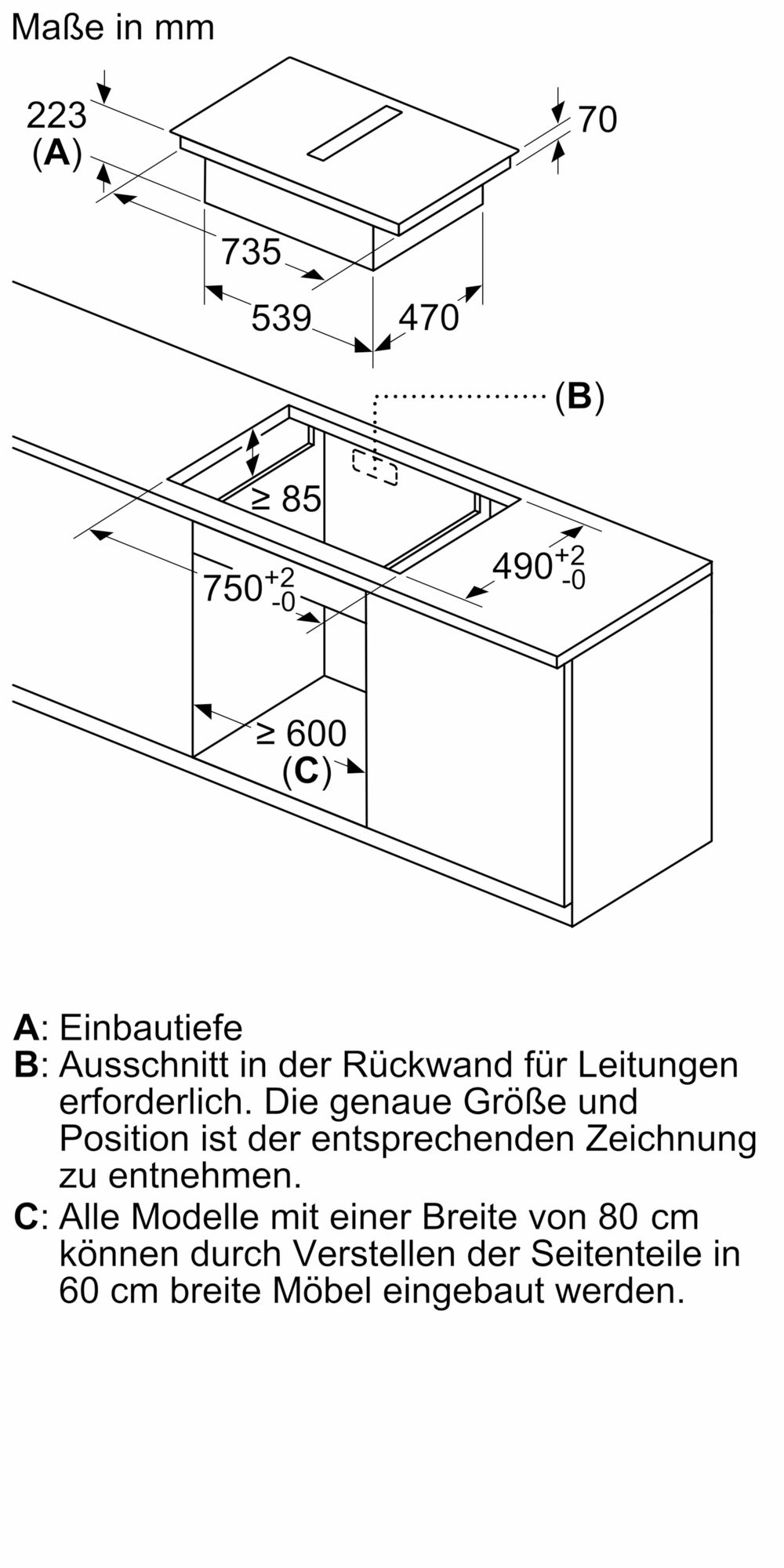 Technische Zeichnung einer Küchenspüle mit Maßen und Installationshinweisen, zeigt Einbautiefe und Ausschnittsmaße.