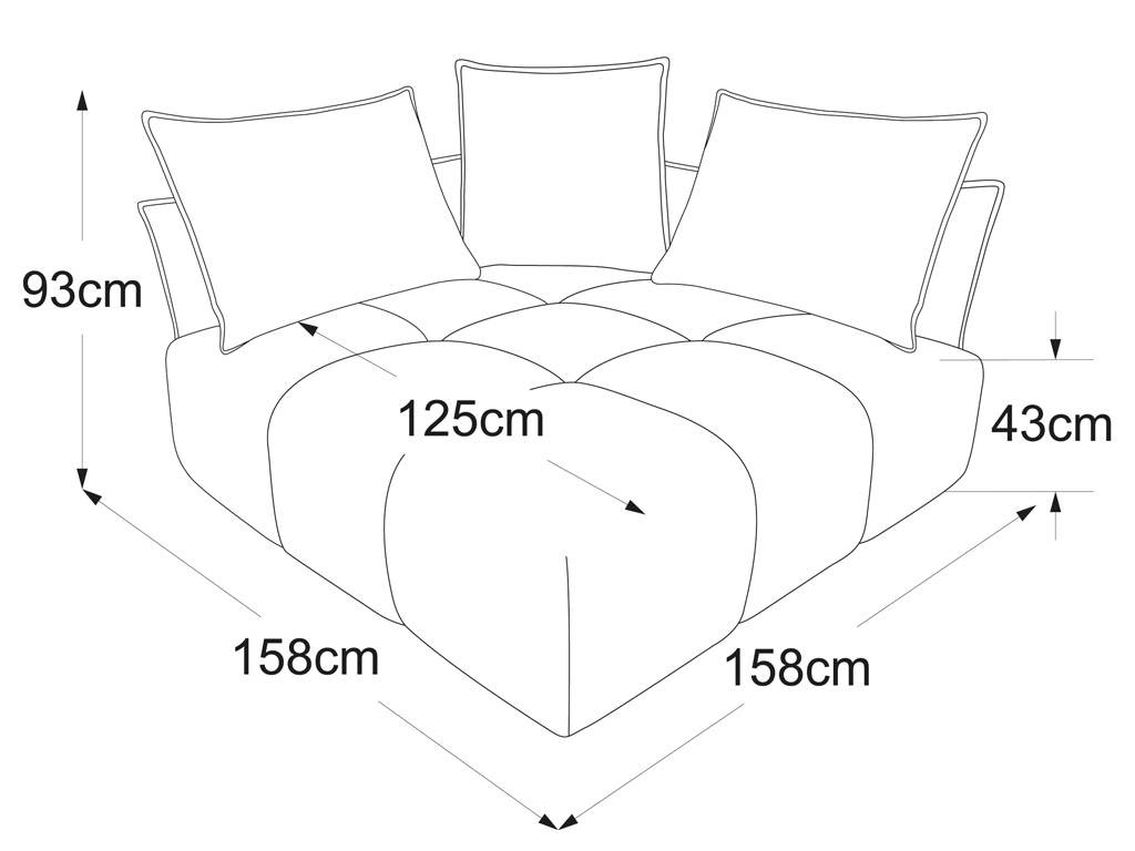 Technische Zeichnung eines Ecksofas mit detaillierten Maßen: 158x158x93 cm, Sitzhöhe 43 cm, Sitzfläche 125 cm