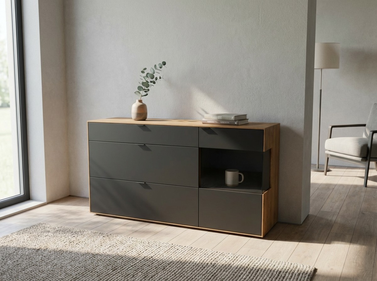 modernes braun graues Sideboards stilvoll dekoriert in einem modernen Zimmer
