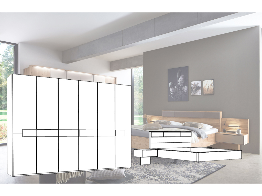 sechstüriger brauner Kleiderschrank und Bett mit Nachtschränken als Illustration vor einem modernen Raum