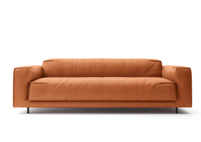 Modernes cognacbraunes Ledersofa mit schlichtem Design und Metallfüßen