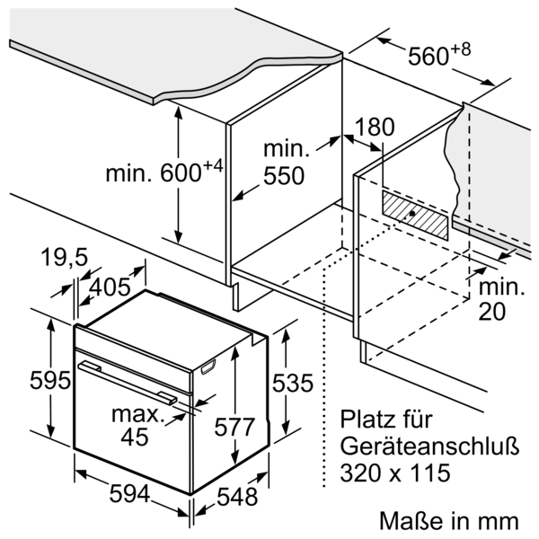 Technische Zeichnung eines Einbauküchengerätes mit detaillierten Maßen und Installationshinweisen in Millimetern.