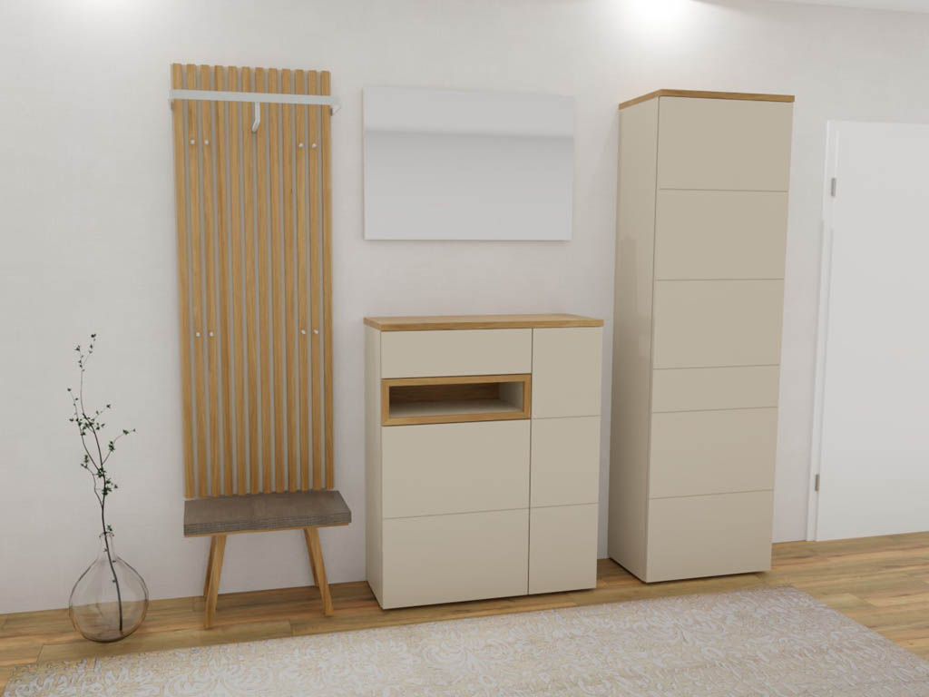 Sudbrock Fox -  Garderobe mit Beleuchtung | 5-teilig | Lack kaschmir, Ethno Eiche Garderobenset bestehend aus hoher Kommode, schmalem Schrank und hölzerner Bank mit Garderobe in einem modernen Raum