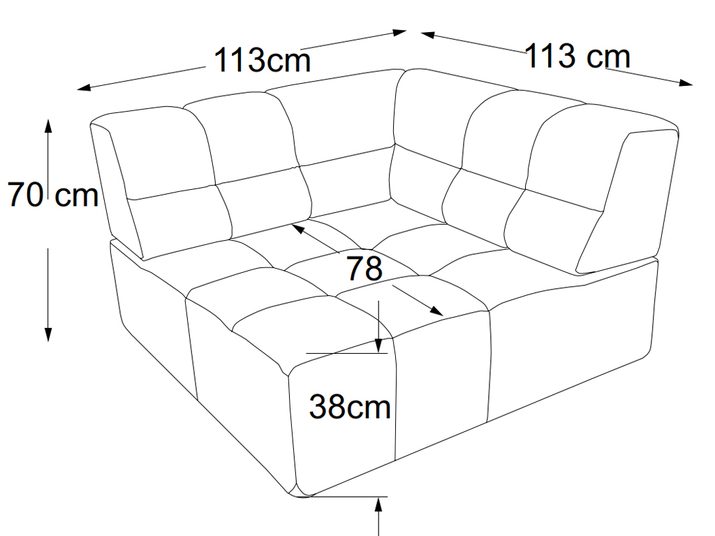 Maßzeichnung eines Eck-Sofaelements vor weißem Hintergrund designwerk Temple