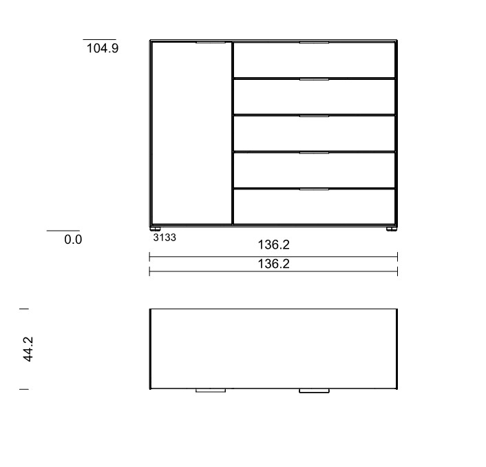Technische Zeichnung einer Kommode mit den Maßen 136,2 cm Breite, 104,9 cm Höhe und 44,2 cm Tiefe, bestehend aus einem Schrankteil und vier Schubladen.