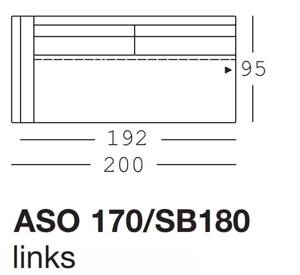 Maßzeichnung eines Sofaelements vor weißem Hintergrund freistil Rolf Benz 170